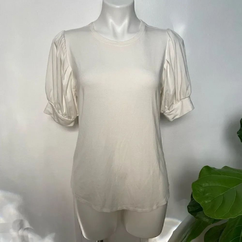 T Tahari Puff Ballon Sleeve Basic White Tee
